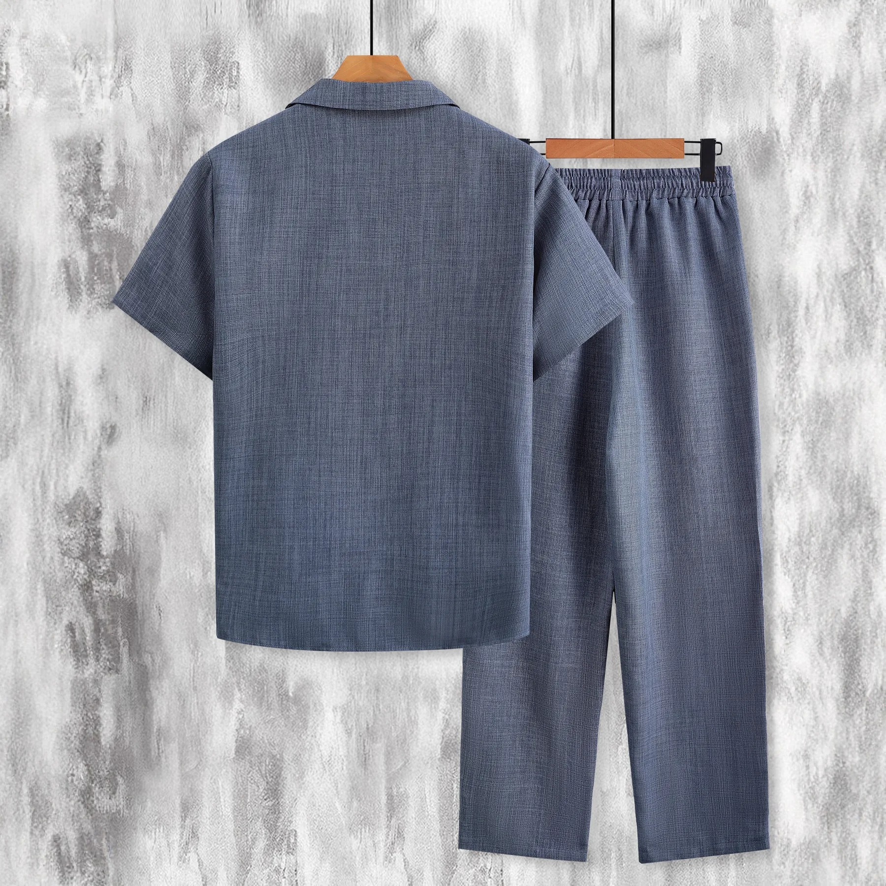 Men Solid Color Suit Collar Two Piece Outfit Iron On Design Short Sleeve Shirt Pants Loose Casual Spring Autumn Streetwear Set