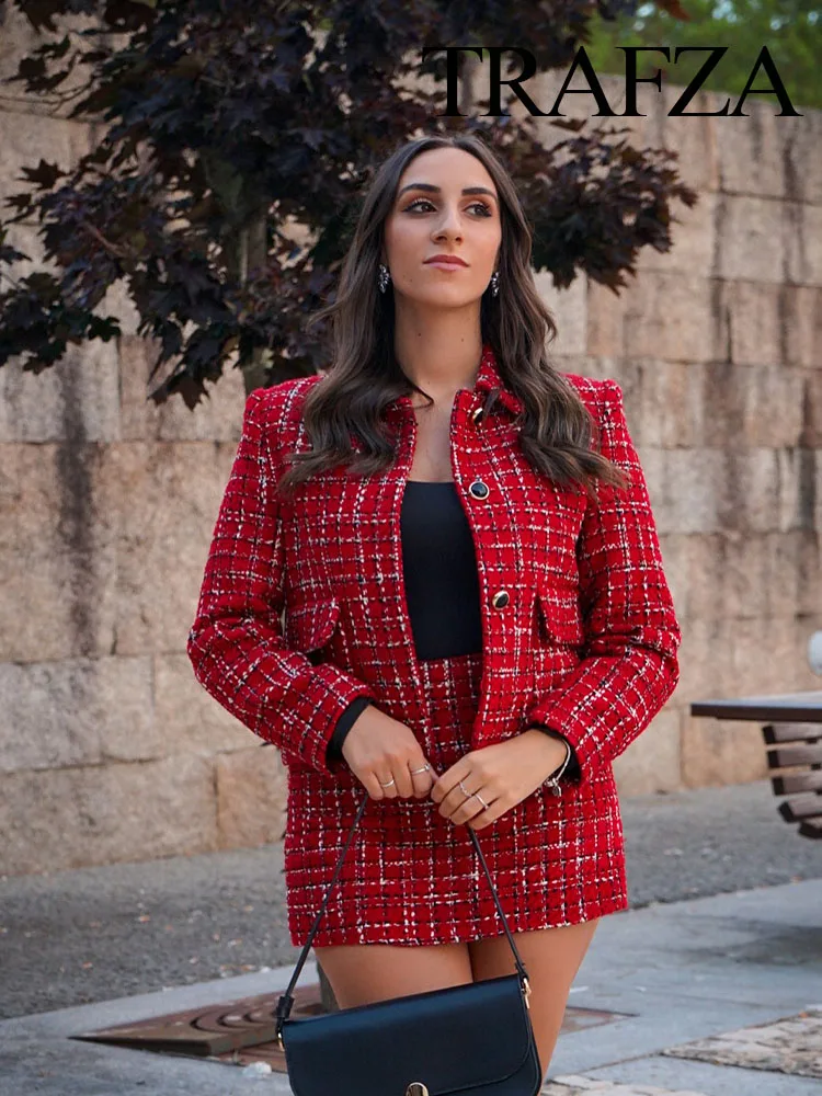 TRAFZA-Conjunto de 2 piezas con textura roja para mujer, chaqueta de un solo pecho con bolsillo y solapa decorativa, abrigo y Culotte de cintura