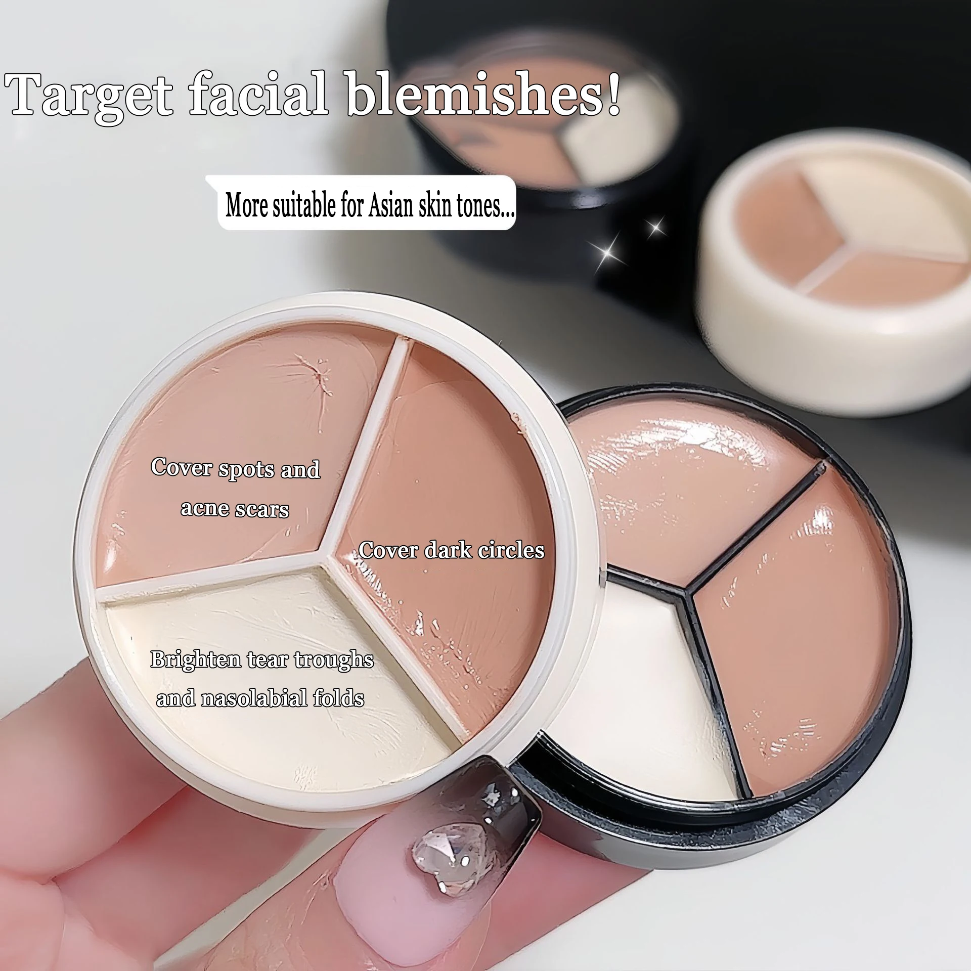 لوحة كريمية 3 في 1 كونسيلر تغطية كاملة للتحكم في الزيوت وتدوم طويلاً للبقع الداكنة والمرح والمسام التمهيدي ومستحضرات التجميل