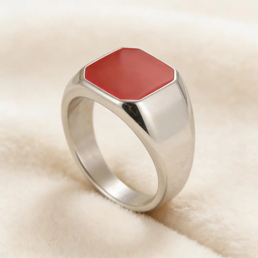 Stainless Steel Rings For Men Women Silver Color Vintage Square Red Enamel Female Male Couple Engagement Wedding Bands Jewelry