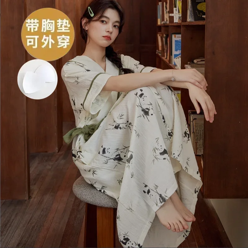 Panda Print Nightdress Casual V Neck Sleep Dress Women's Sleepwear Dresses Summer Short Sleeves Nightgowns Youth Girl Pyjamas