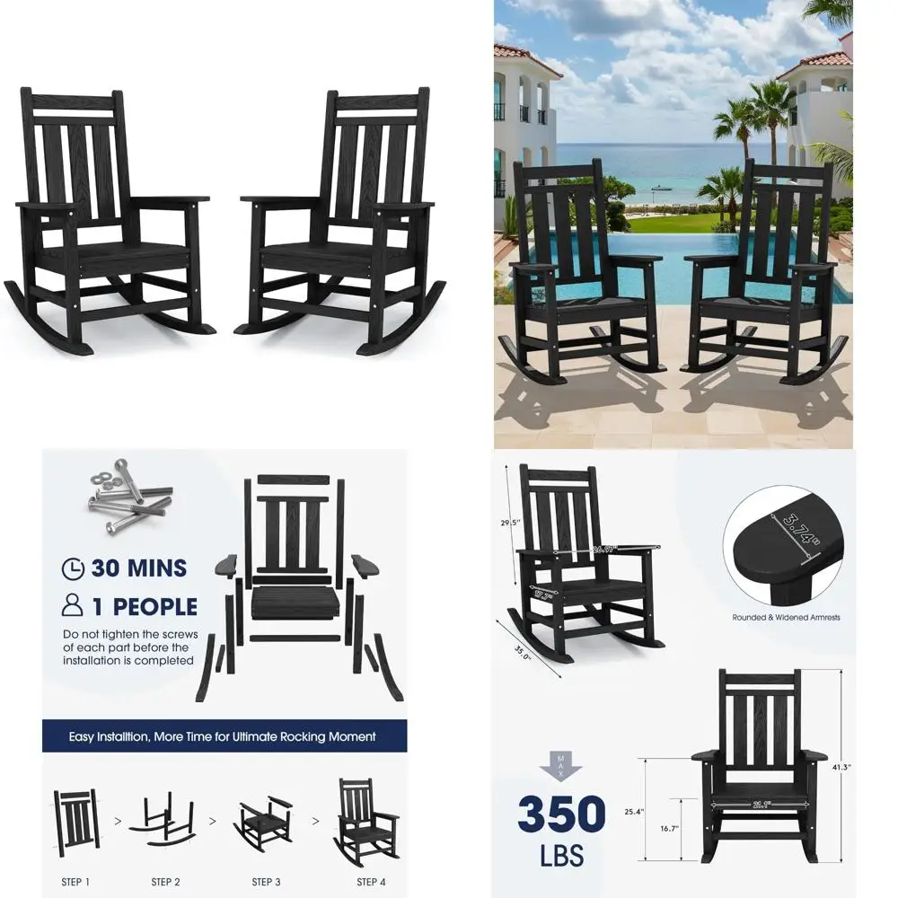 Set di 2 sedie a dondolo da esterno di grandi dimensioni, sedie a dondolo da patio resistenti alle intemperie per portico, dondoli in polietilene ad alta densità con