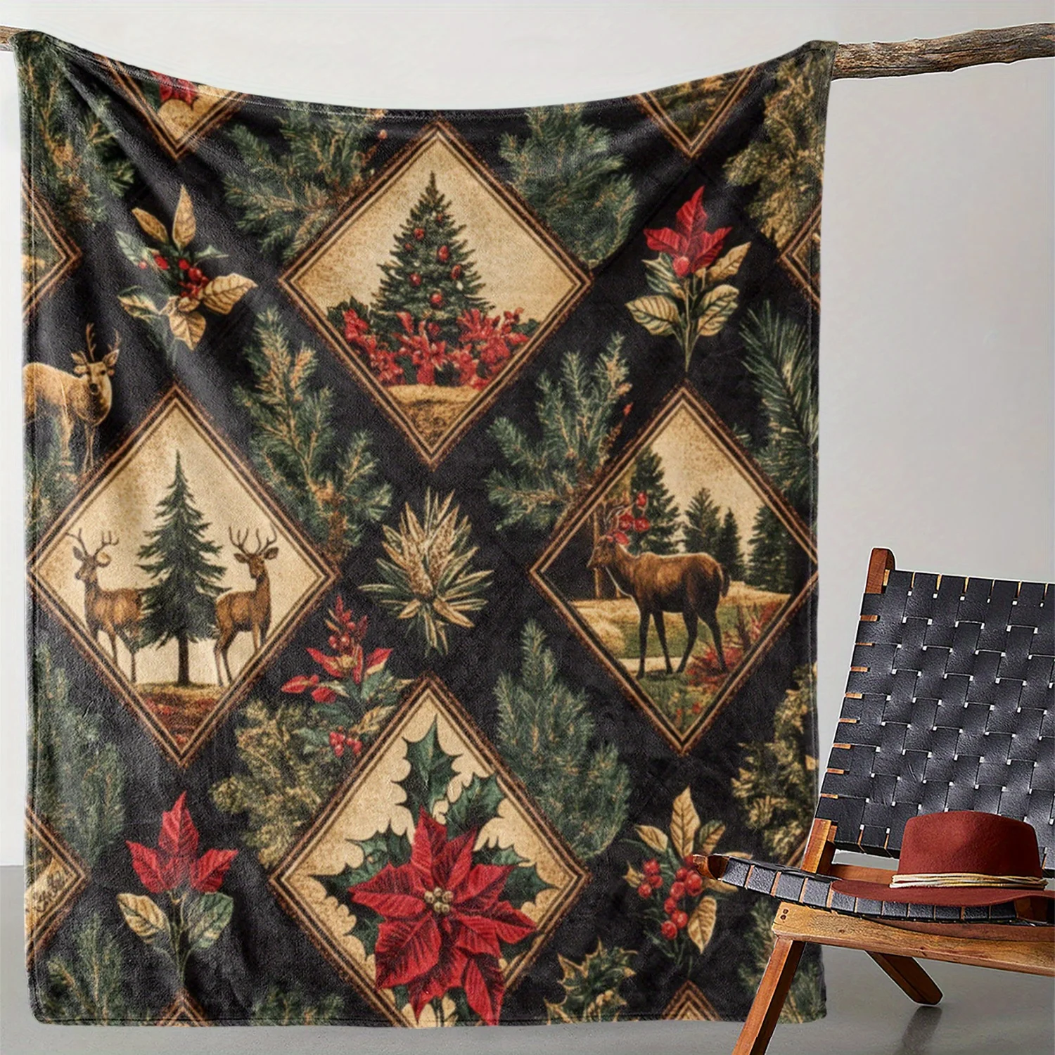 Vintage Christmas Theme Flannel Throw Blanket - Elk, Pines, and Holiday Tree Print, Soft Cozy Polyester Knit, All-Season Comfort