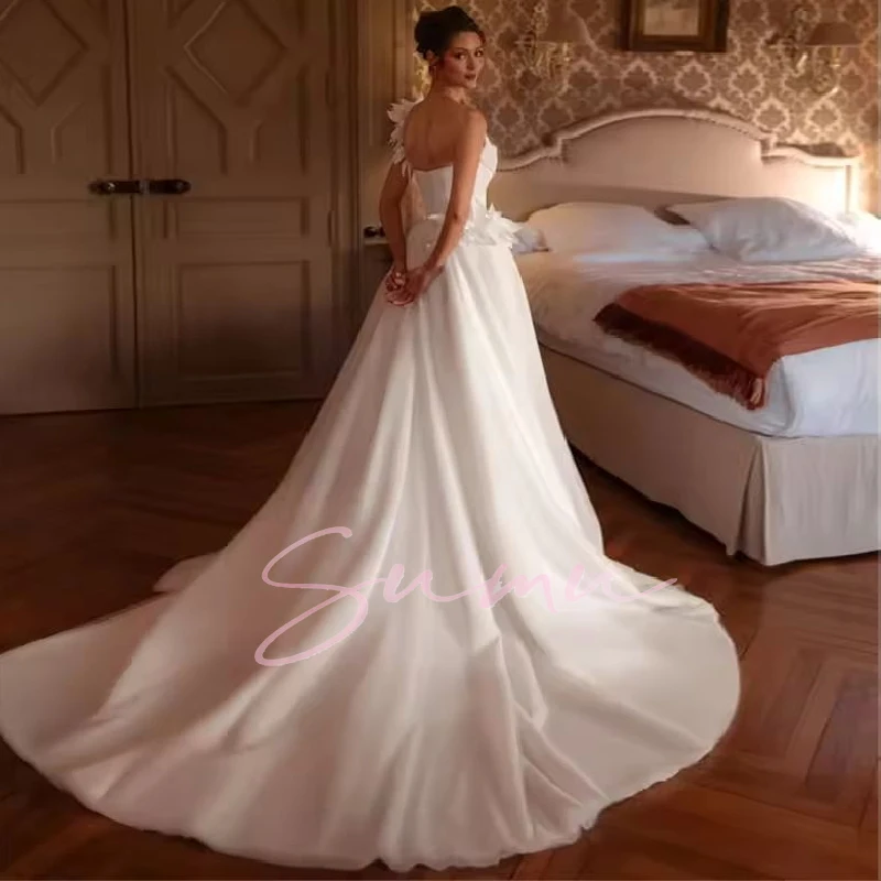 تخصيص الحبيب الرقبة مع 3D زهرة فستان الزفاف زر فستان زفاف الطابق طول Abito da sposa