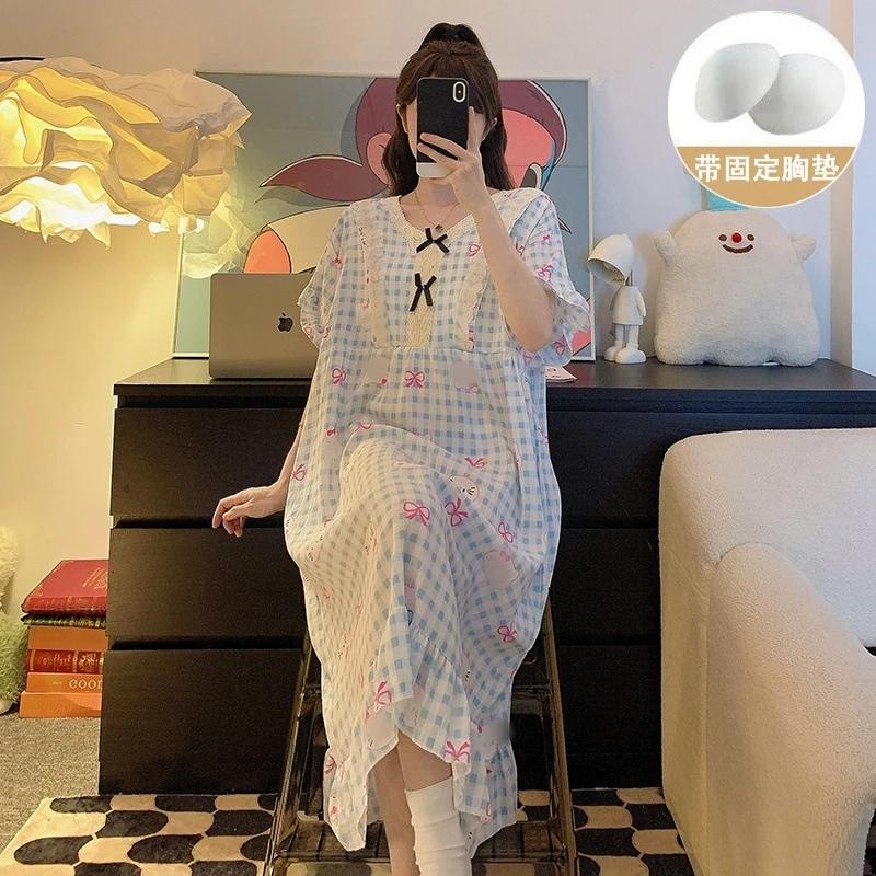 Women'S Summer Nightgown, Cloud Cotton Short-Sleeve Plaid Long With Chest Pads, Casual And Loose-Fitting Ins Home Dress view 6