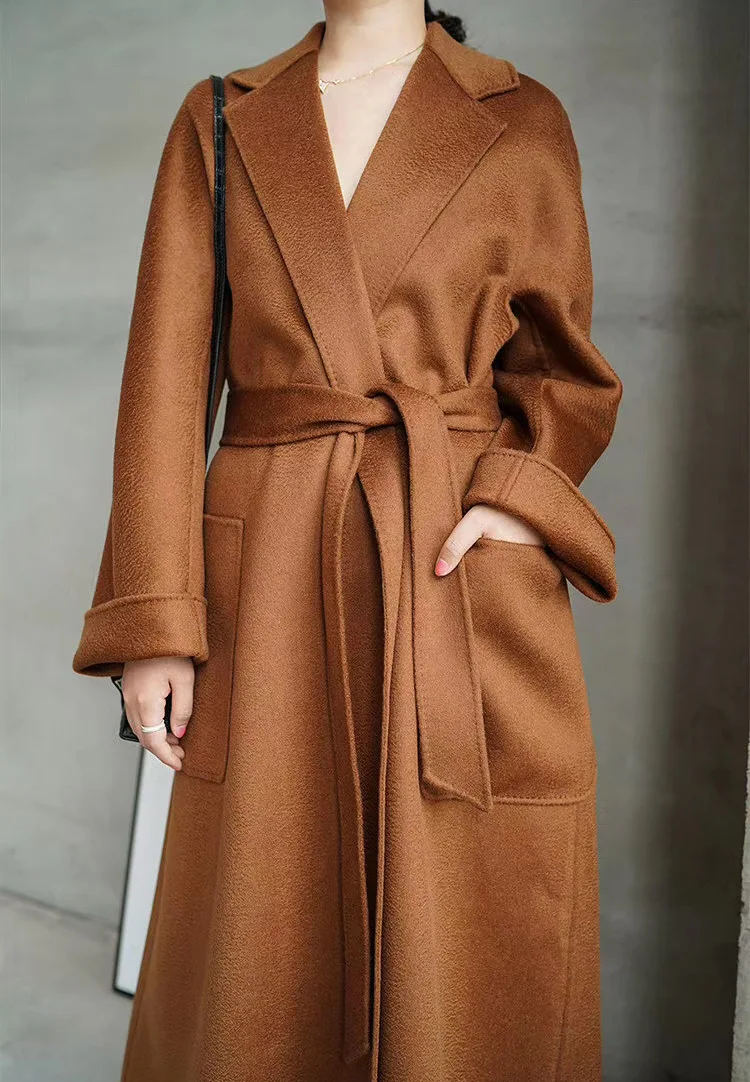 

Promotion 2023 Autumn Winter Women Drouble Face Woolen Coats Big Pocket Design Clothes With Belt Cashmere Cape Long Coats Tops