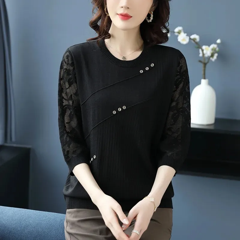 Three Quarter Sleeves Knitting Shirt Women\'s Tops 2022 New Spring Autumn Sleeve T-Shirt Thin Hollow Out Pullover Bottoming Shirt