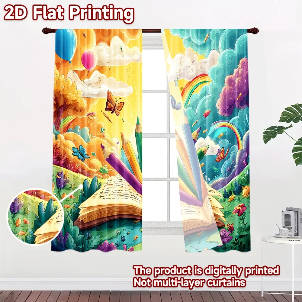 2D flat printing 2pcs Curtain Colorful book pencils sun butterflies Digital Printed Polyester Drapes Festive Wall Decor Perfect