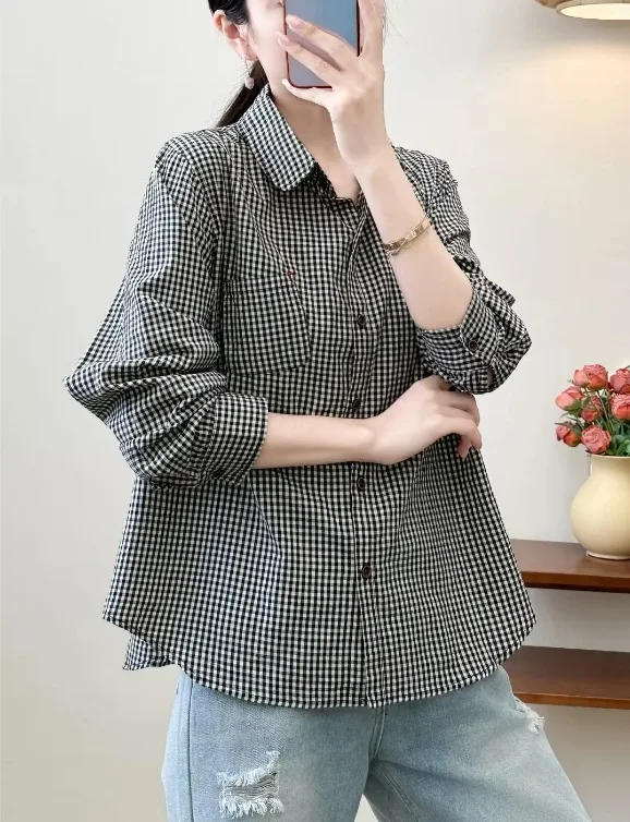 New Summer Cotton Long Sleeve Shirt Lapel Plaid Tops Girl Casual Loose French Commute Vintage OL Blouse 2024 Autumn T47195QC