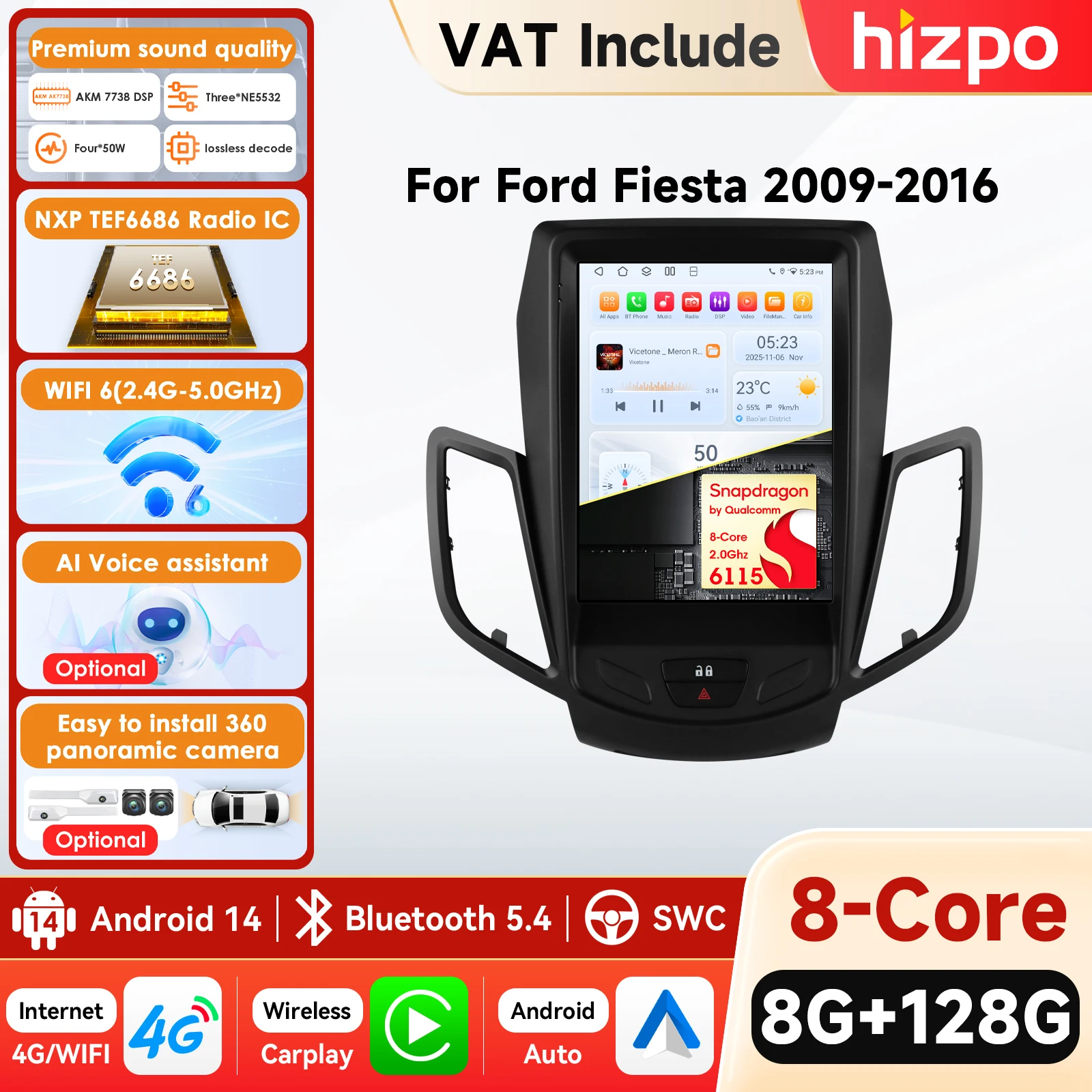 6115 Android 14 9,7' Snapdragon Autoradio für Ford Fiesta MK7 2009-2017 Multimedia-Player GPS-Navigation Stereo Carplay 4G 360°-Kamera AI 9,7 Zoll Tesla-Style Intelligenter Bildschirm QLED-Display