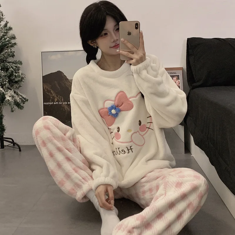 

Anime Hello Kiity Cartoon Plush Pajamas Female Autumn Winter Cute Thicken Comfortable Large Size Long Sleeves Lounge Clothes