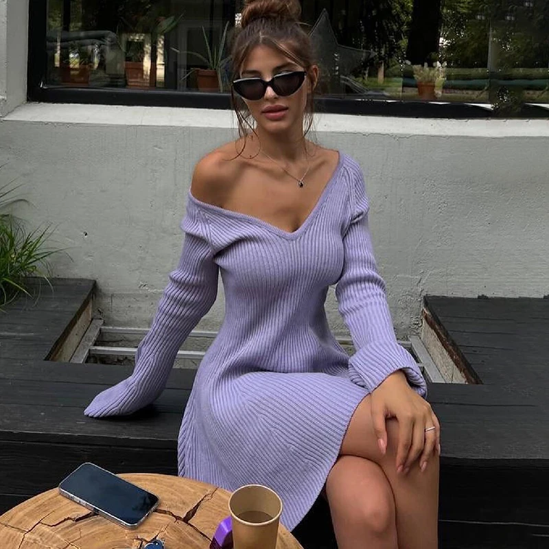 TARUXY Autumn Winter Sweater Dress Sexy Off-Shoulder Women\'s A-Line Hem Elegant Rib Knit Mini Dresses Long Sleeve Higt Waisted