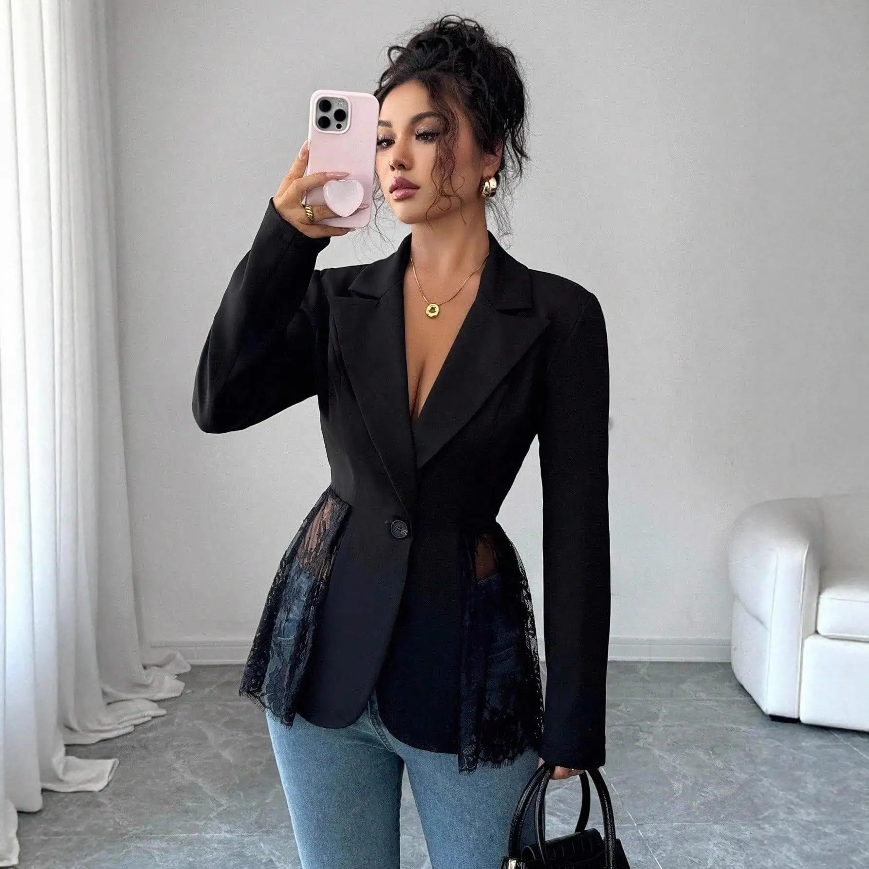 Women's Elegant Style Lace Trim Slim Fit A-Line Suit Jacket Color Block Waist Design Autumn Winter New Arrival Fashion Outerwear