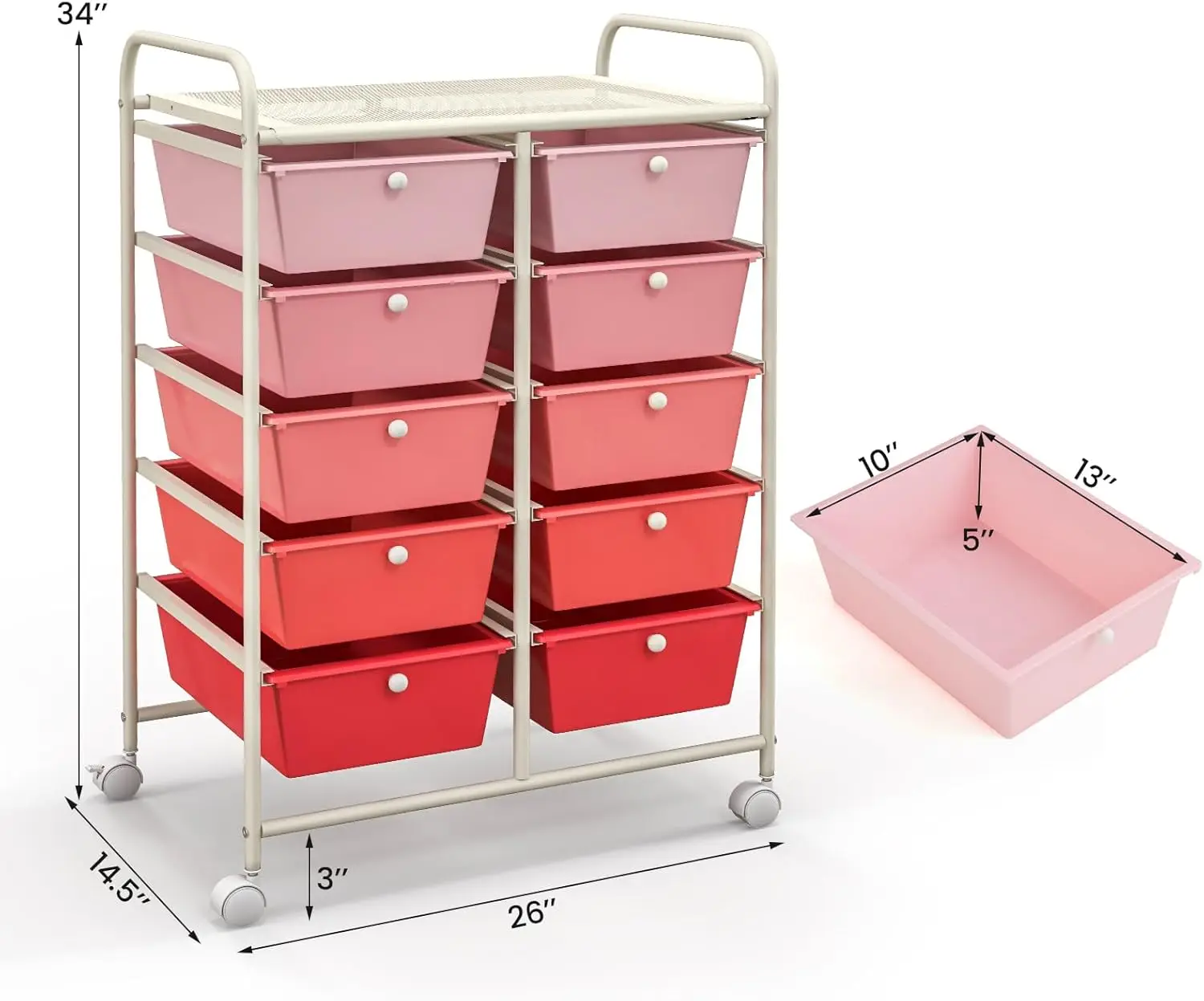 عربة أدوات بإطار معدني متعدد الأغراض مع 10 أدراج، وعربة تخزين متنقلة على عجلات عالمية للاستخدام متعدد الاستخدامات