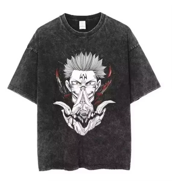 

2026 Jujutsu Kaisen Ryomen Sukuna Harajuku Anime Retro Washed T-shirt Cotton Men Comfortable summer washed loose men's clothing