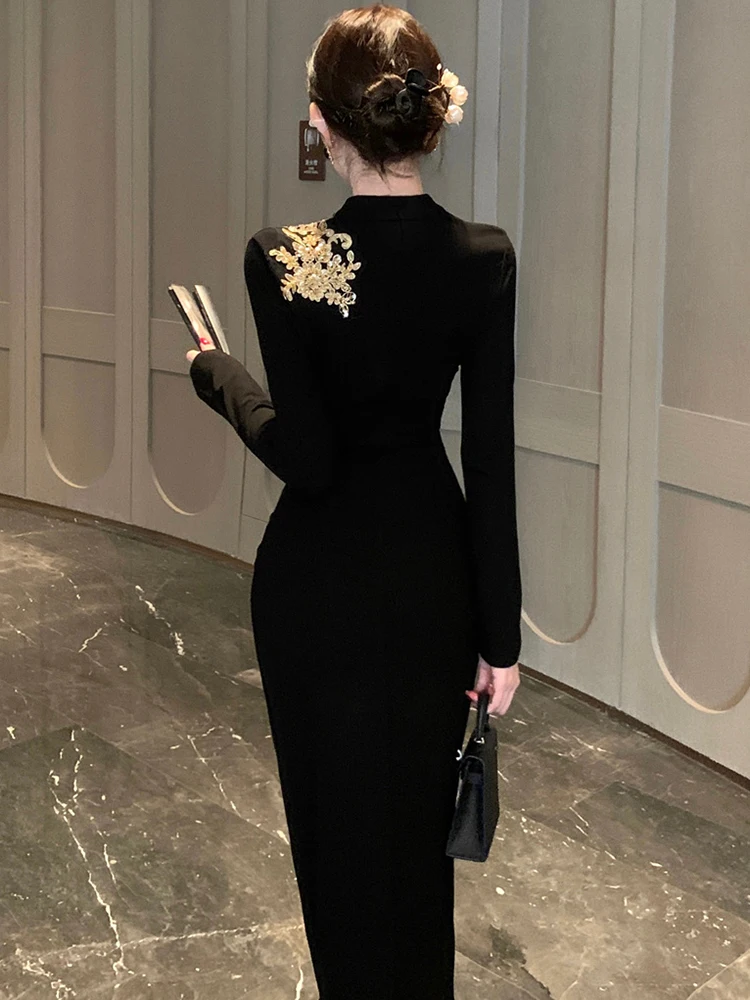 خريف شتاء أسود شيك الترتر طباعة فستان طويل 2025 الكورية خمر هيبورن مساء فستان المرأة أنيقة Bodycon مهرجان فستان #6