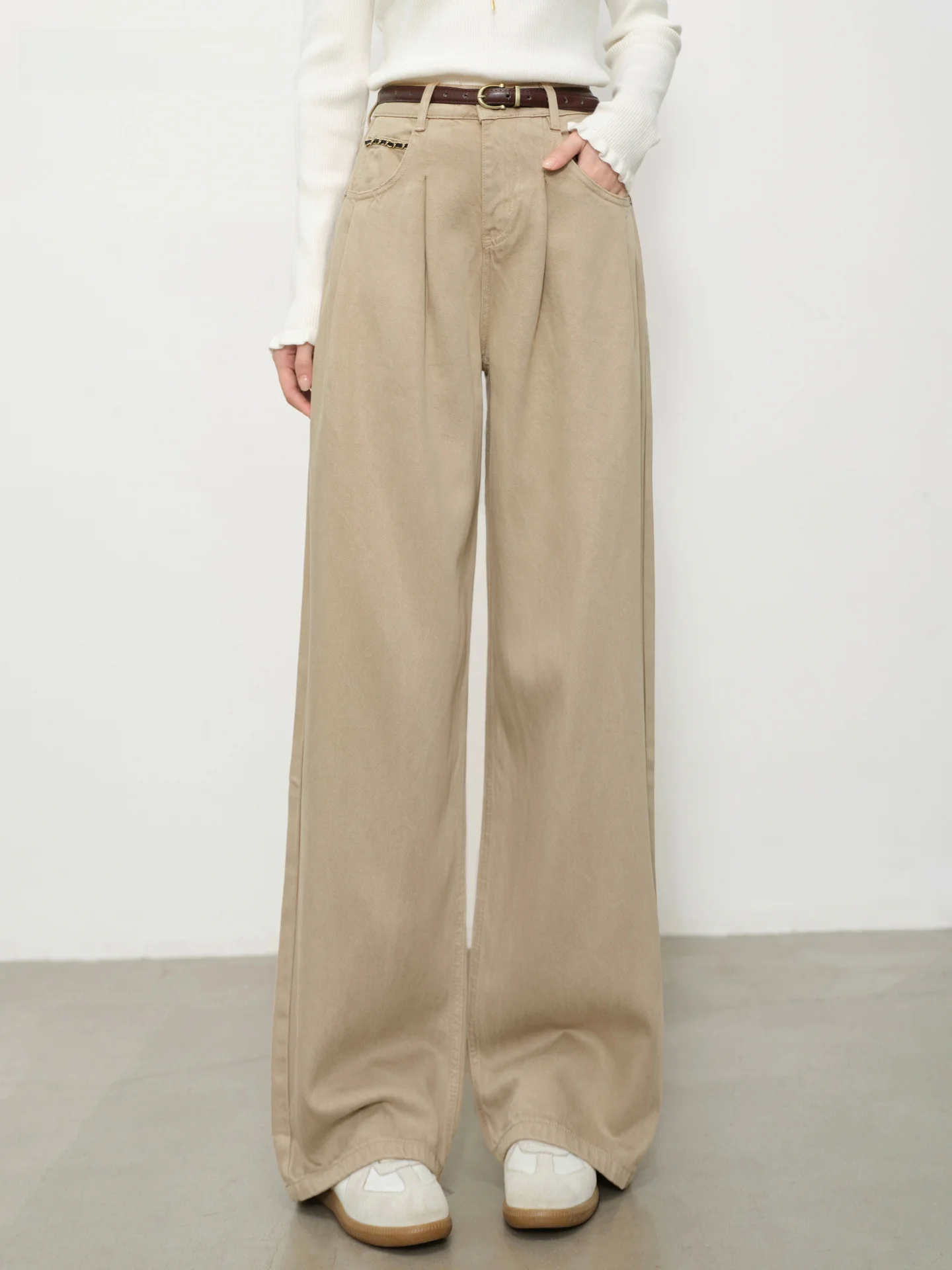 

Женские джинсы с высокой талией цвета хаки, свободные широкие брюки, ретро-стиль, прямые длинные брюки, осенняя модная повседневная одежда