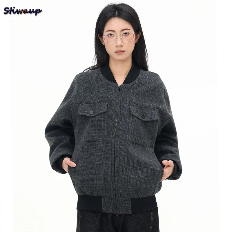 

2025 New Women's Demi-Season Bomber Jacket Casual Gray Aviator Jacket Lightweight Slim Fit Female Coat Outerwear Streetwear
