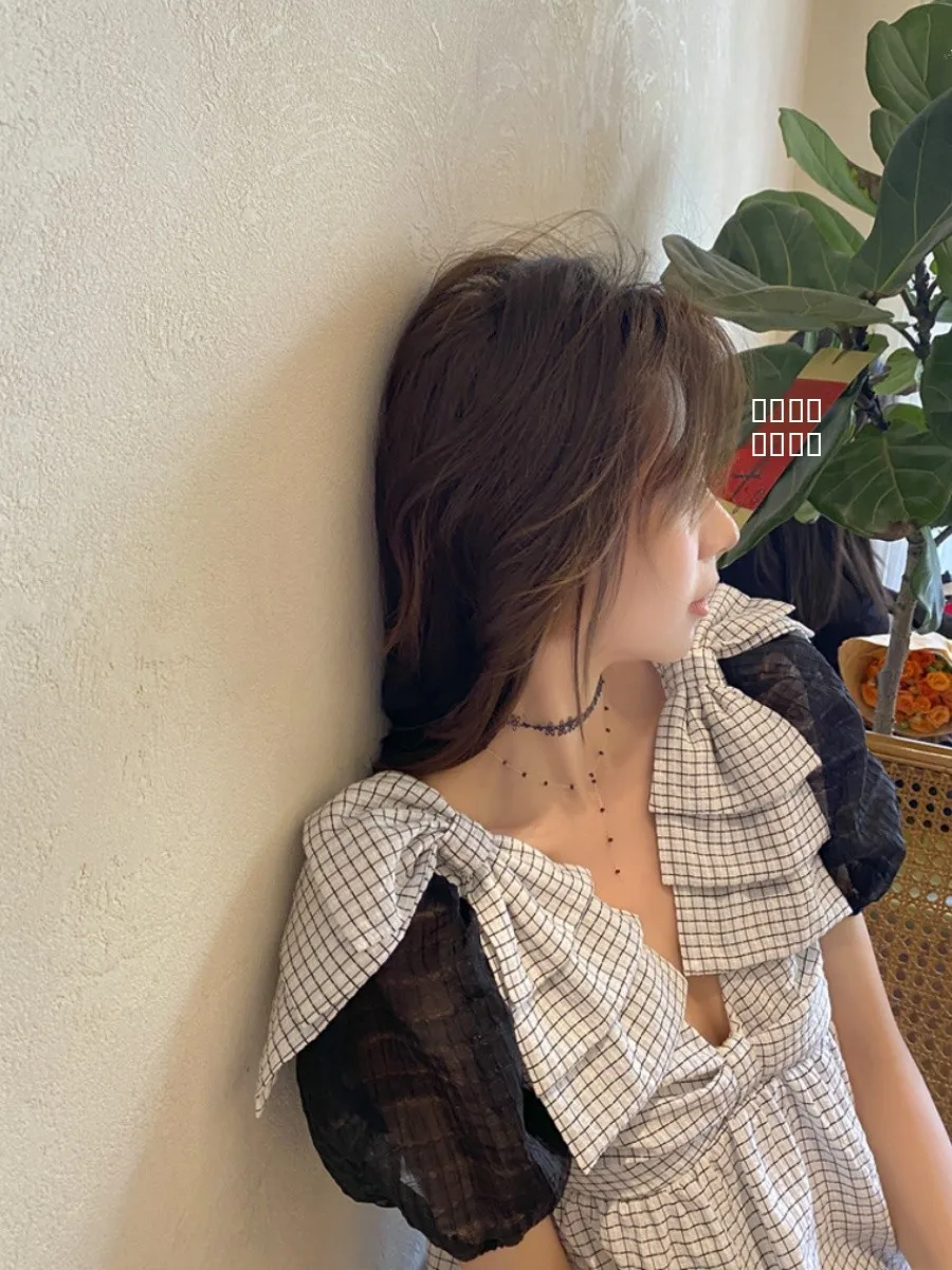 

Zhang ei Summer ort Sve Doll irt V-Ne Me Patchwork Bubble Sve Plaid Knot Women's Top