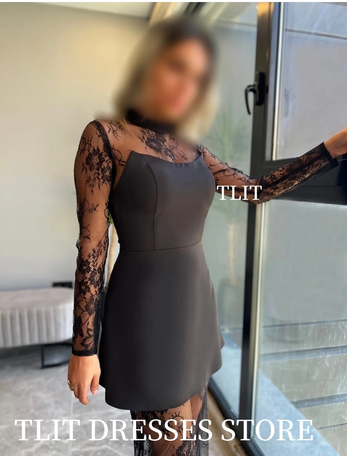 TLIT 우아한 블랙 레이스 새틴 이브닝 드레스 일반 긴 레이스 소매 레이스 밑단 오-넥 댄스 파티 드레스 맞춤형 فساتين