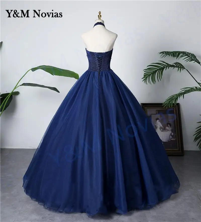 New Fashion Halter Blue Quinceanera Dress Sleeveless Ruched Lace Vestidos De 15 Debutante Gown Bohemia Princess Customized color