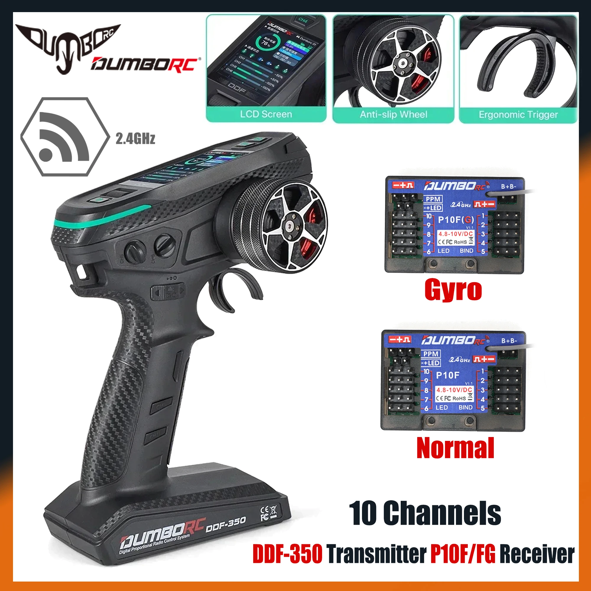 

DUMBORC DDF-350 2.4G 10 Channel Remote Controller LCD Screen Radio Transmitter with P10f/P10FG Receiver for RC Car Model Drone