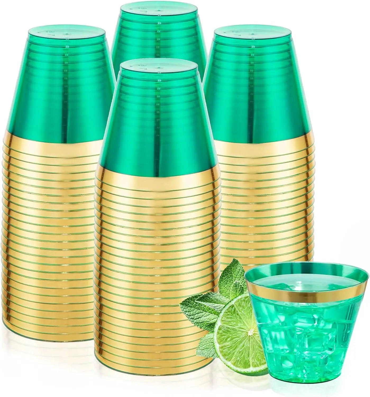 

150 PCS Green Plastic Cups,9oz Clear Green Disposable Cups with Gold Rim, Old Fashioned Tumblers Gold Rimmed Christmas P