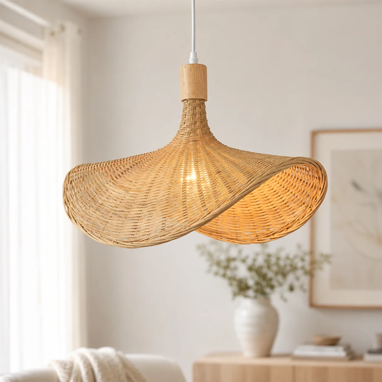 JOYINLED Farmhouse Pendant Light Bamboo Straw Hat Shape Ceiling Hanging Lamp Rattan Chandelier for DiningRoom Kitchen Restaurant
