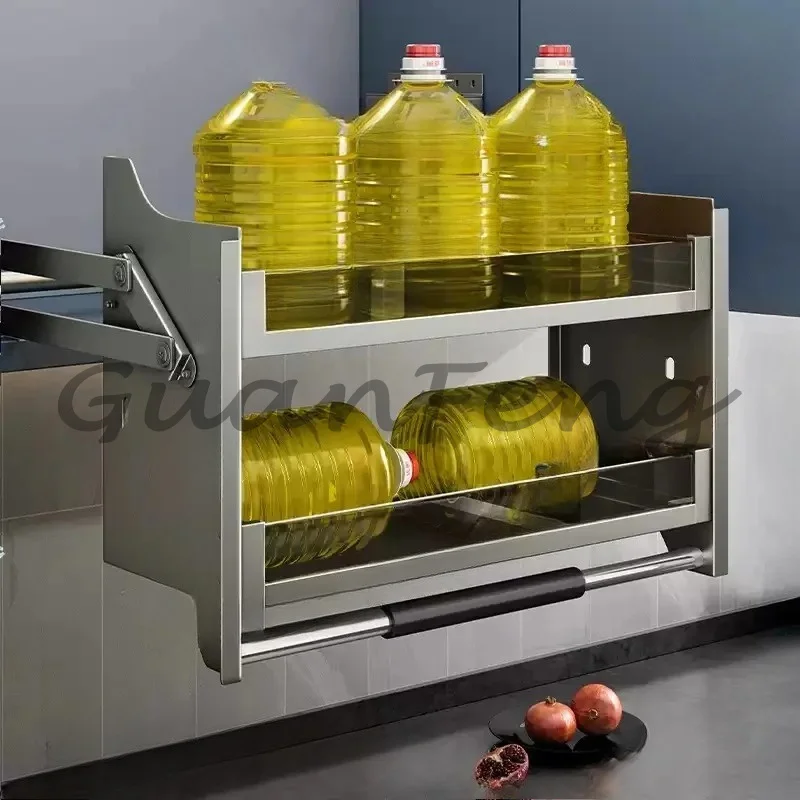 Pull-down heavy condiment storage rack cabinet basket