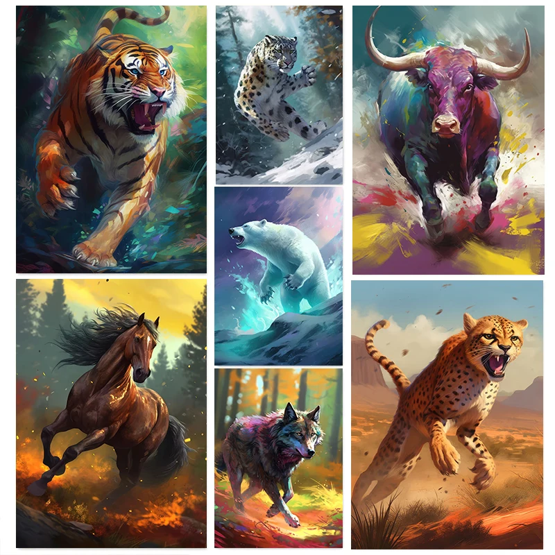 Colorful Vibrant Wildlife Impressionist Style Poster Tiger Horse Wolf Canvas Painting Print Game Room Nature Lovers Home Deco