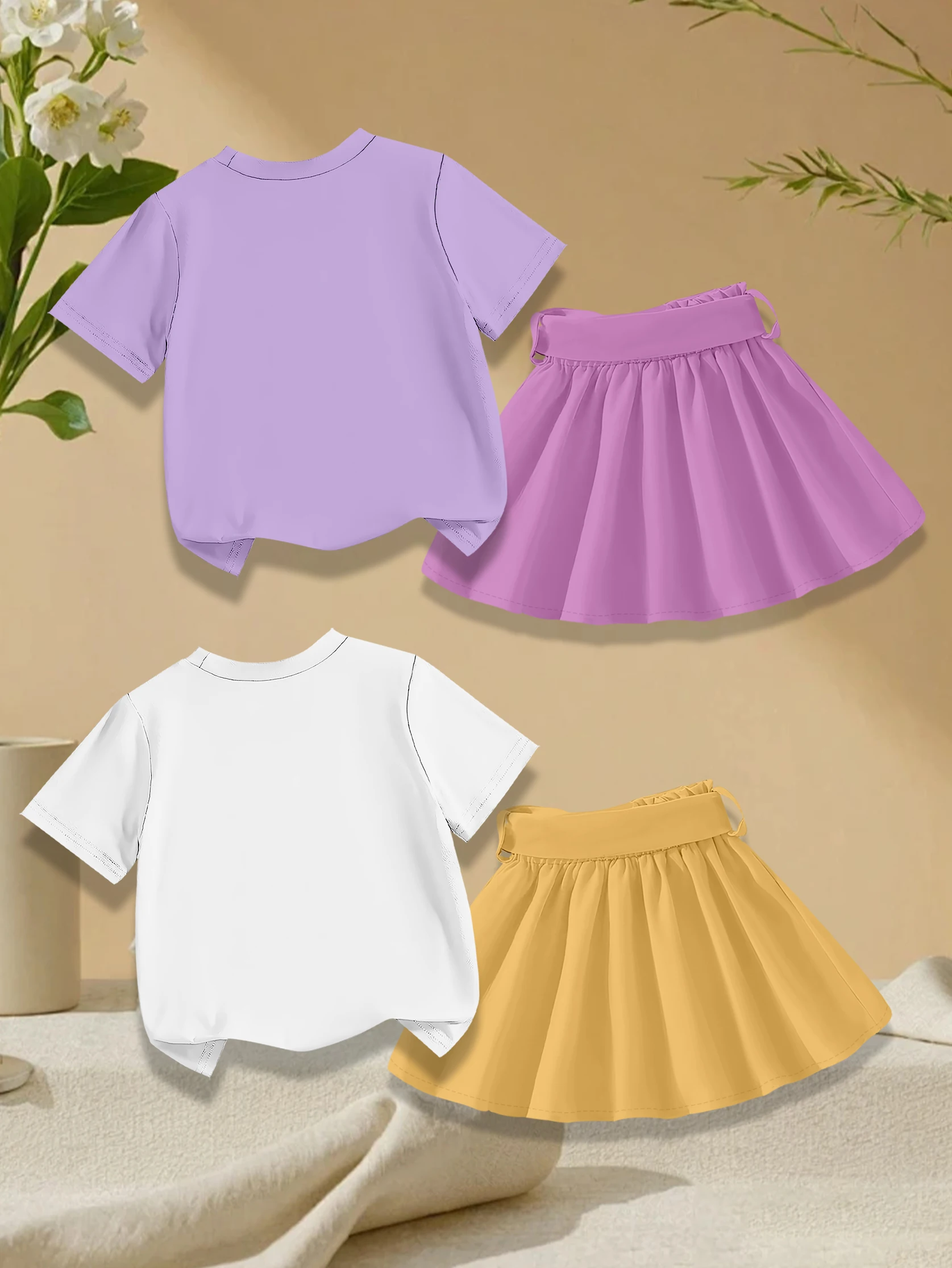 4 pieces: Easter Day Girls' Summer Sweet Cute T-shirt & Skirt Set - Cartoon Rabbit & Koala Print