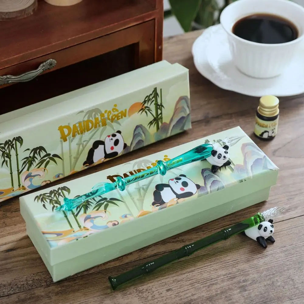 Pena menulis seri Panda pena celup kaca tiongkok-pena cantik Tiongkok dengan tinta pena celup tanda tangan alat tulis transparan