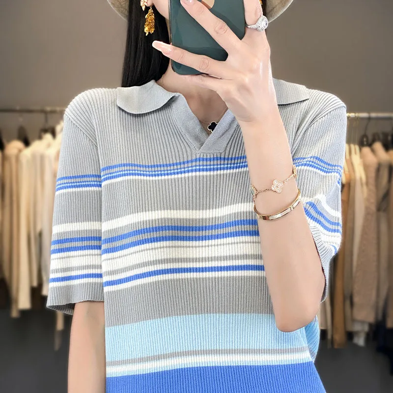 

Summer Top Knitted Sweater, Curved Bead Ice Hemp Silk Short Sleeved T-Shirt, Women's POLO Shirt, Vest Stripe