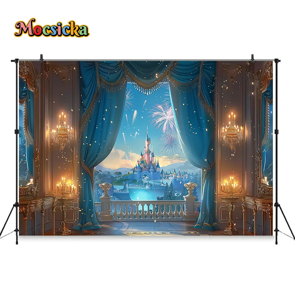 Princess Girl Birthday Photography Background Boudoir Blue Curtains Window Castle Backdrop Decor Christmas Night Photo Studio