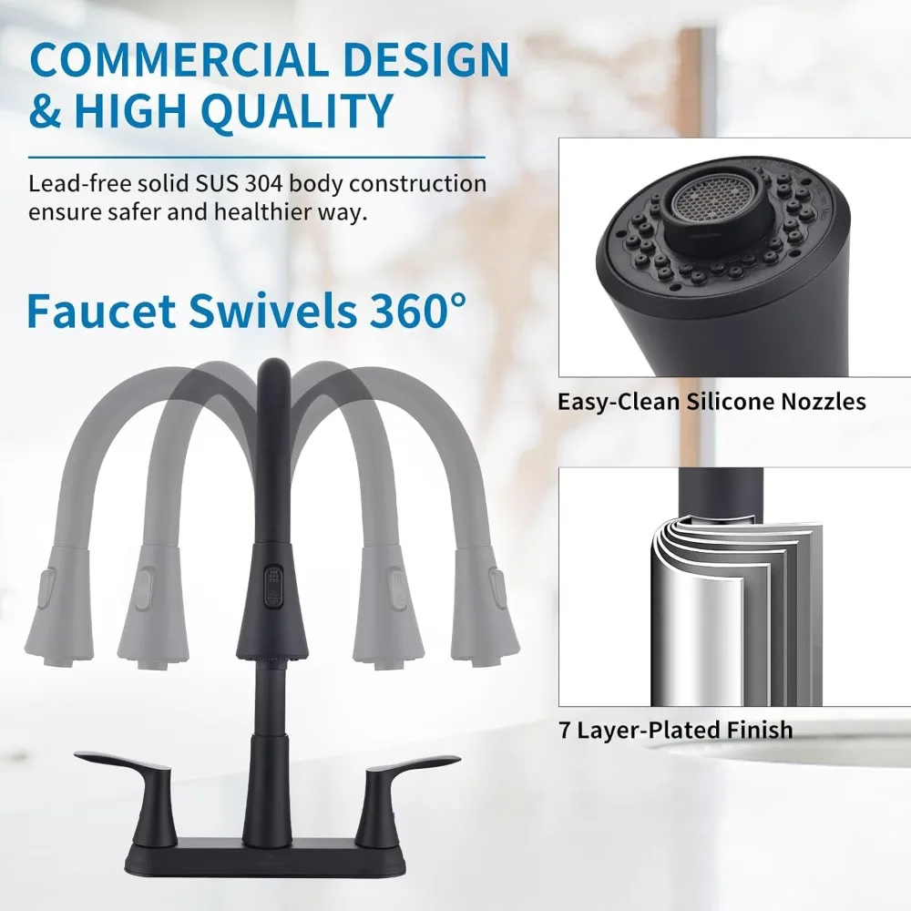 2-Handle Kitchen Faucet, 8-Inch 360° Rotating Pull-Down Sprayer (3-Hole), Centerset with Lines, Matte Black