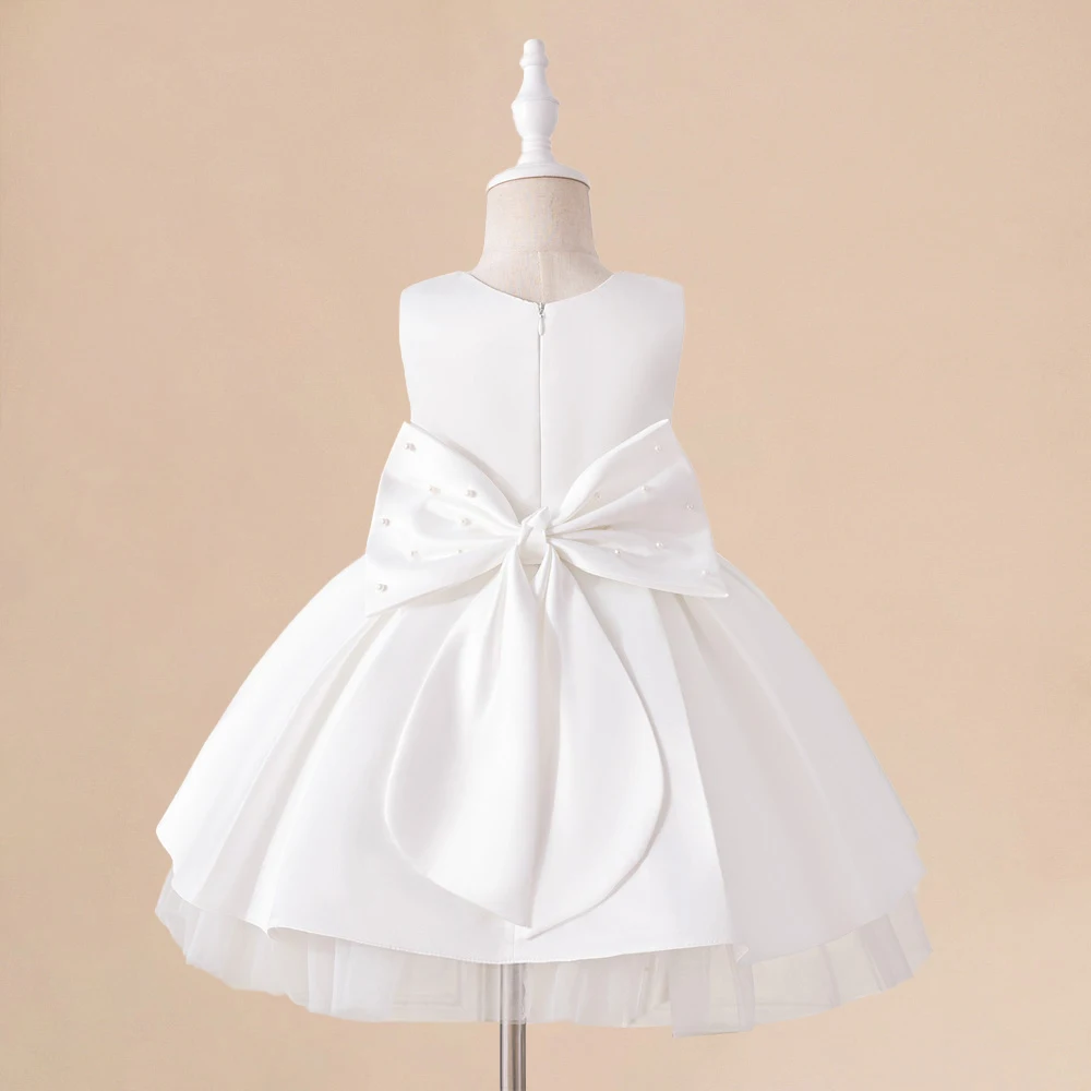 Girls Beading Princess Gown Birthday Party Dress Elegant Girl White Wedding Pleated Dresses With Bow Kids Formal Evening Costume