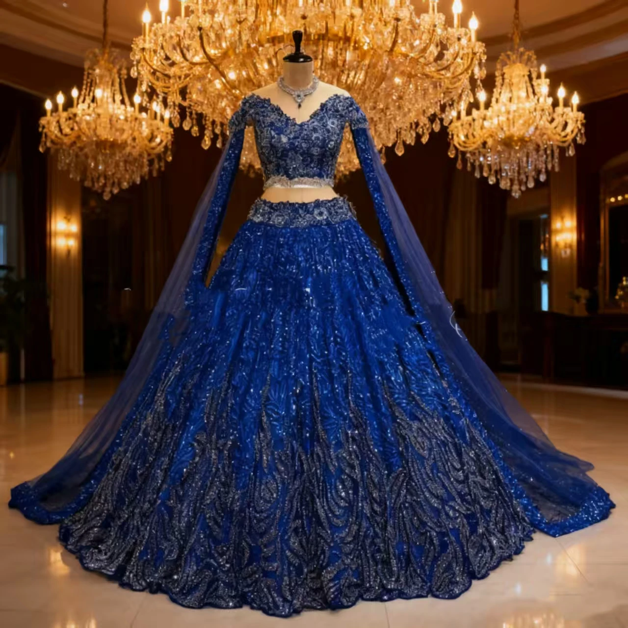 Jewel Blue Indian Saree Evening Gown Luxury v-neck Beaded Inlay Lace Pleated Women's Two Piece Ethnic Custom vestidos de gala