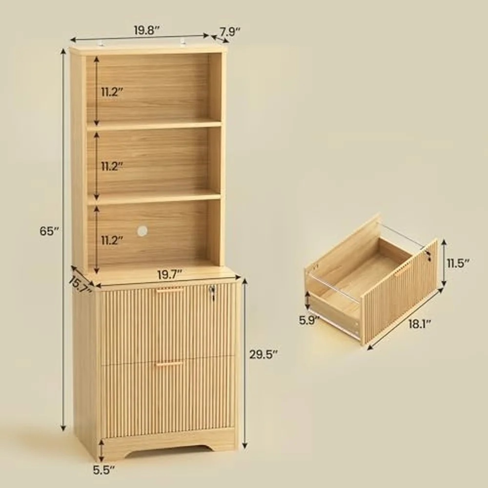 2 Drawer File Cabinet with Lock Wood Filing Cabinet fits Letter Legal A4 Size Hanging File Folders Farmhouse File
