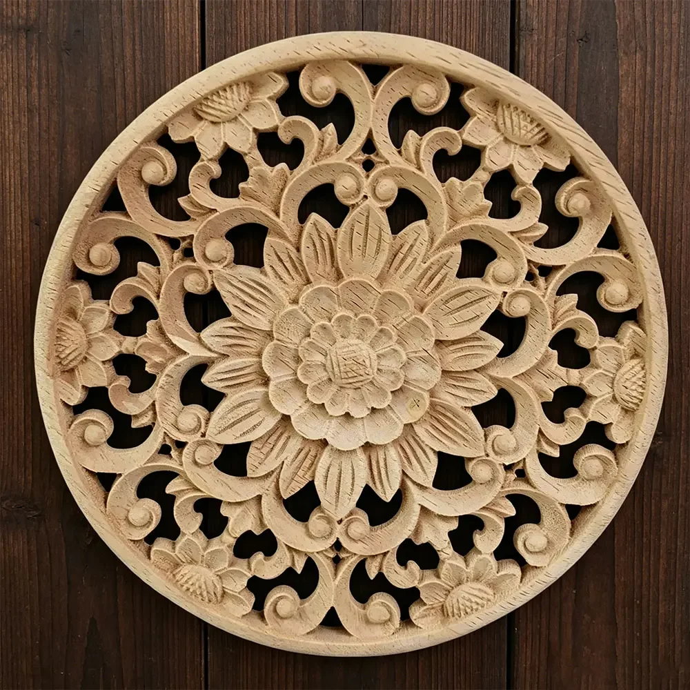2PCS 10/15/20/24/30cm Carved Flower Round Wood Appliques for Furniture Cabinet Unpainted Wooden Mouldings Decal Decor Figurines