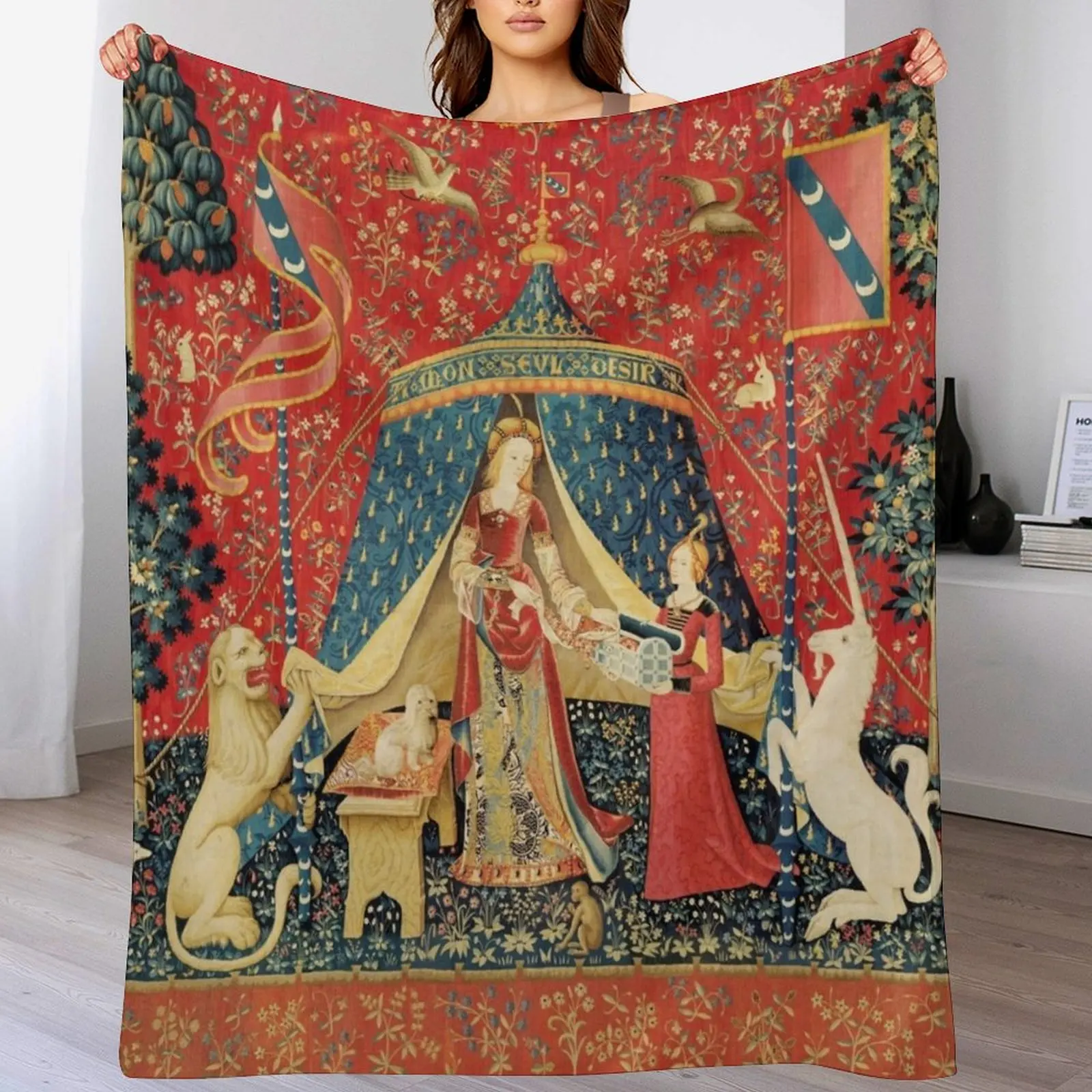 

LADY AND UNICORN DESIRE ,Lion,Fantasy Flowers,Animals,Red Green Floral Throw Blanket Thermal wednesday Thins Blankets