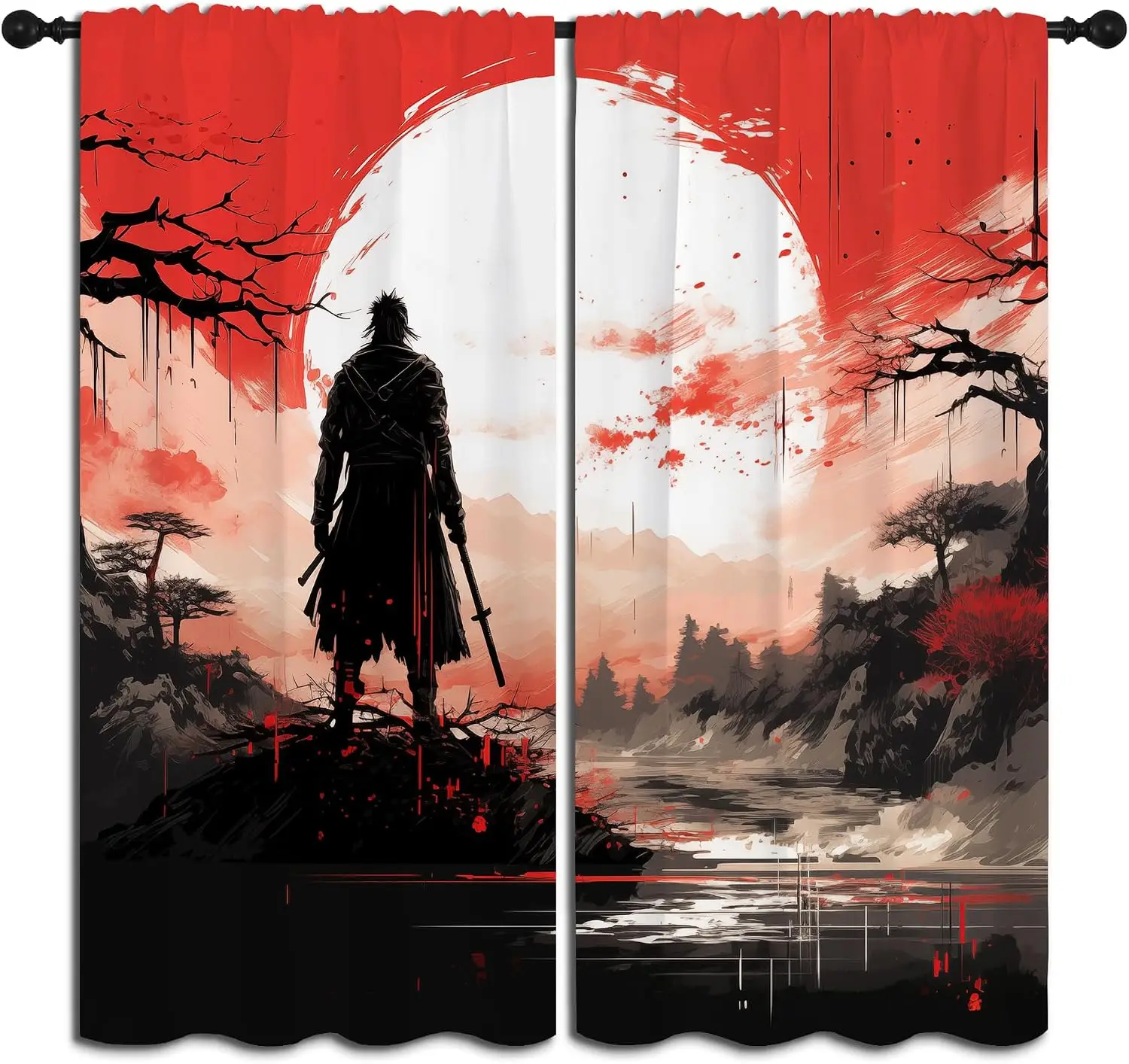 Dramatic Anime Curtains Red Sun Manga Style Japanese Samurai Pop Culture Window Drapes Backdrop Graphic Artistic Decor