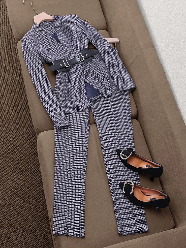 Women Elegant Vintage Stripe Suit Jacket Blazer And Long Pant Two Piece Set Matching Outfit Office Ladies Fashion Casual Cloth