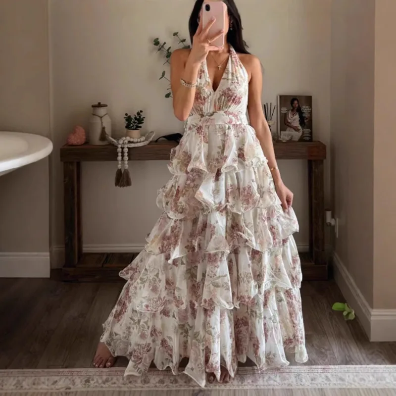 

2025 Spring New European Women Dress Sexy V Neck Sleeveless Floral Print Dress