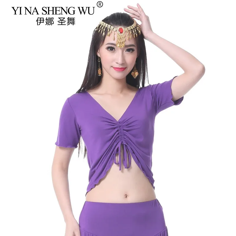 Costume di danza del ventre delle nuove donne Reggiseno superiore Manica corta Pieghettato Danza del ventre Pratica di yoga Top Coulisse Pieghettato Moda 9 colori