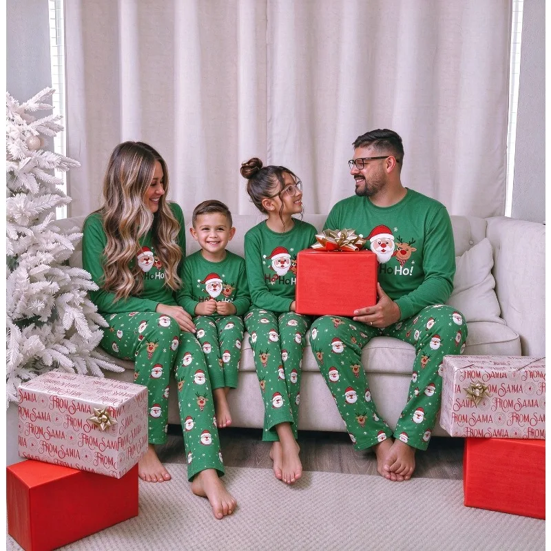 Christmas Family Matching Pajamas Set Adult Kid Santa Reindeer Print TShirt+Straight Pants Homewear Xmas Holiday Party Sleepwear