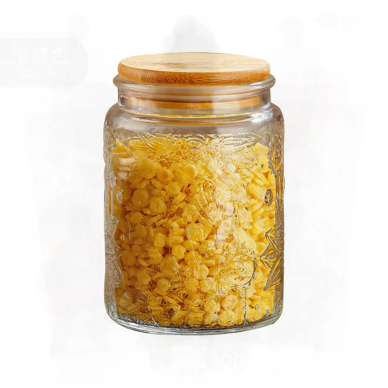 

Винтажная банка для хранения стеклянных бутылок с тиснением, акация, деревянная крышка, конфеты из сухофруктов, влагостойкий герметичный резервуар для хранения для кухни