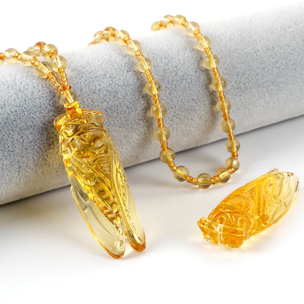 Citrine Cicada Figurine Home Decoration Ornaments Lucky Glass Craft Crystal Cicadidae Animal Charm Beaded Chain Necklace Jewelry