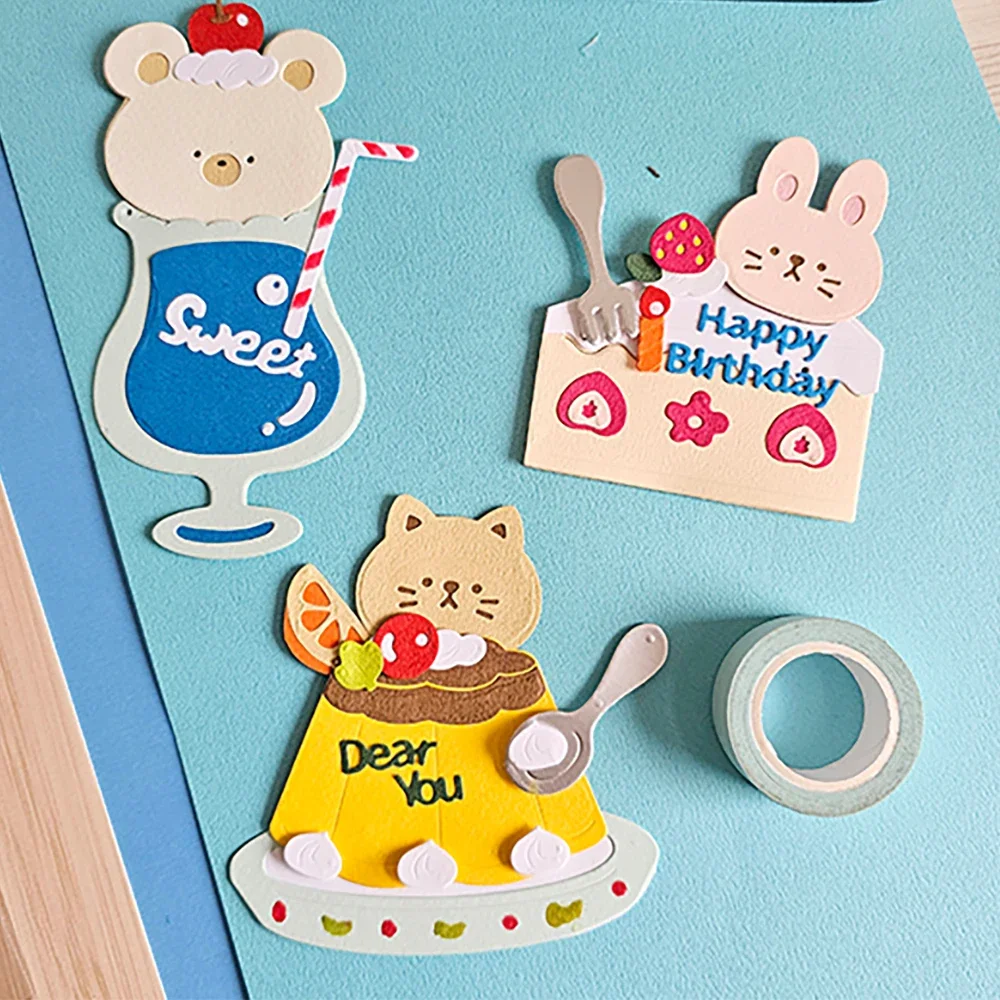 Soda Bear Pudding Cat Cake Bunny Dessert Series Cutting Dies Summer Cats Stamps New 2024 For DIY Scrarpbooking Paper Card Making