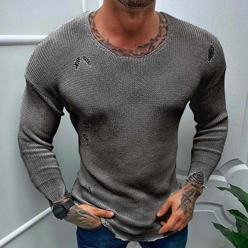 Vintage Ripped Design Knit Tops Men Spring Long Sleeve Slim Sweaters Casual Men\'s Clothing Fashion Solid Color Knitted Pullovers