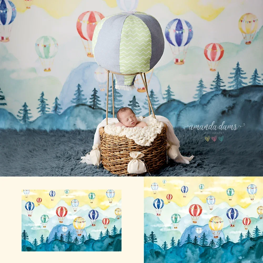 Hot Air Balloon - Newborn Portrait Photography Backdrop Up Up and Away Watercolor Background Toddler Kids Photo Studio Backdrop